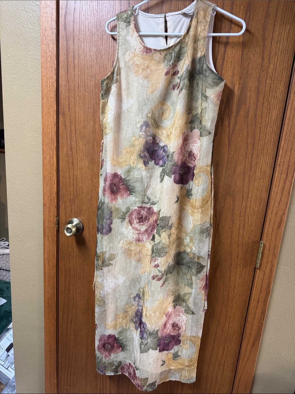 Sleeveless Floral Maxi Dress in muted green/ cream with Pink & Purple Blooms